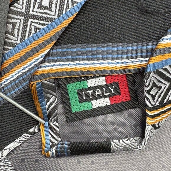 Berlioni Tie & Pocket Square Men's Striped Gray Black Orange Blue Made in Italy - Picture 6 of 7